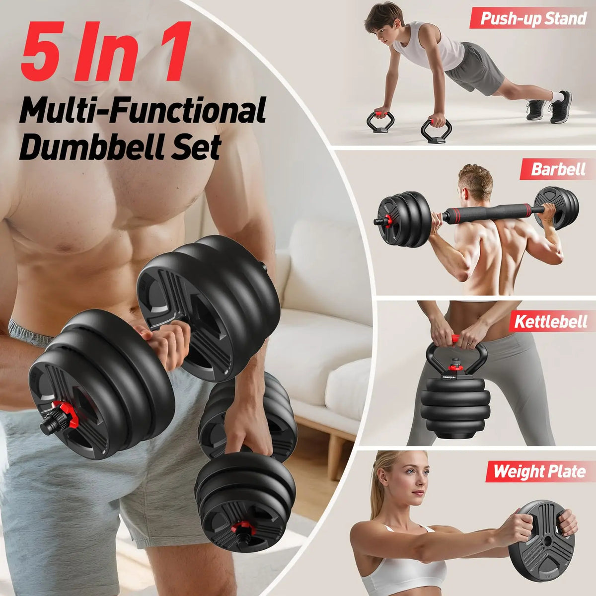 FED Fitness Five in One Adjustable Dumbbell Set Barbell Kettlebell Push Up Stand