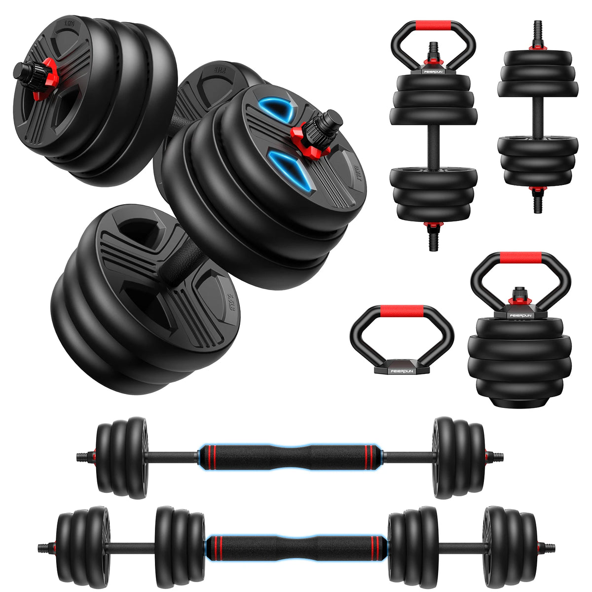 FED Fitness 5 In 1 Adjustable Dumbbell Set With Barbell